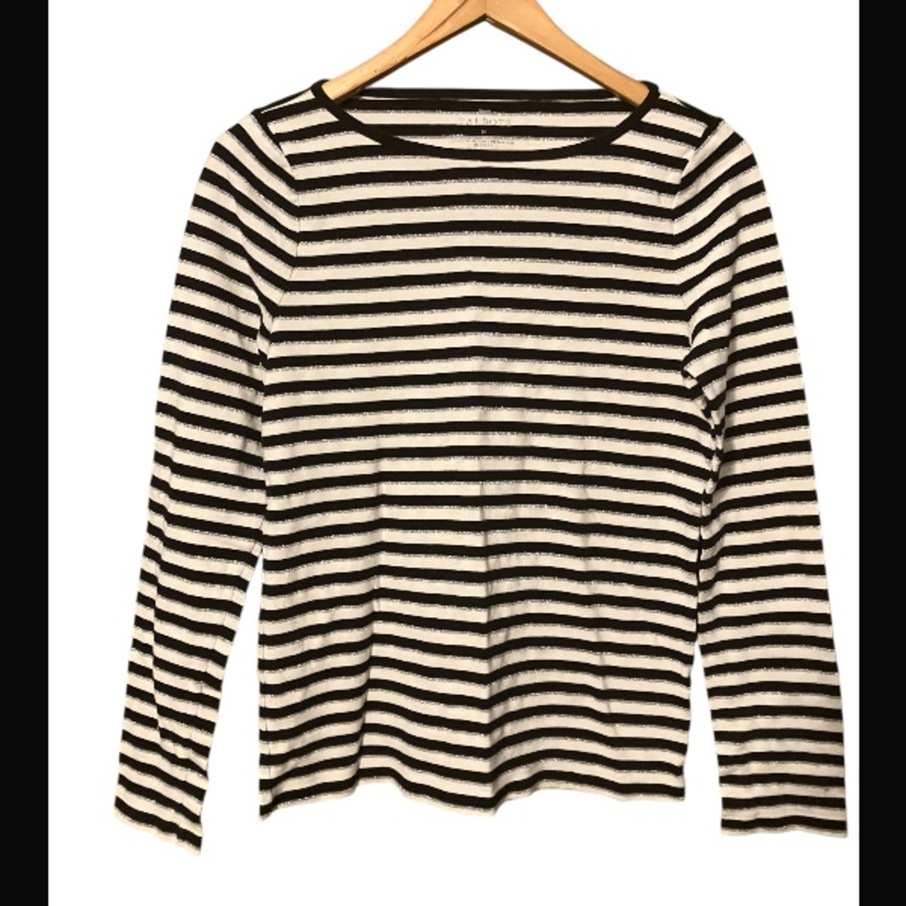 Talbots black/metallic-silver striped long sleeved women’s 90% Pima cotton shirt